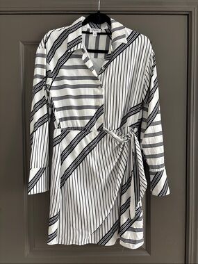 Long Sleeve Black & White Striped Wrap Dress